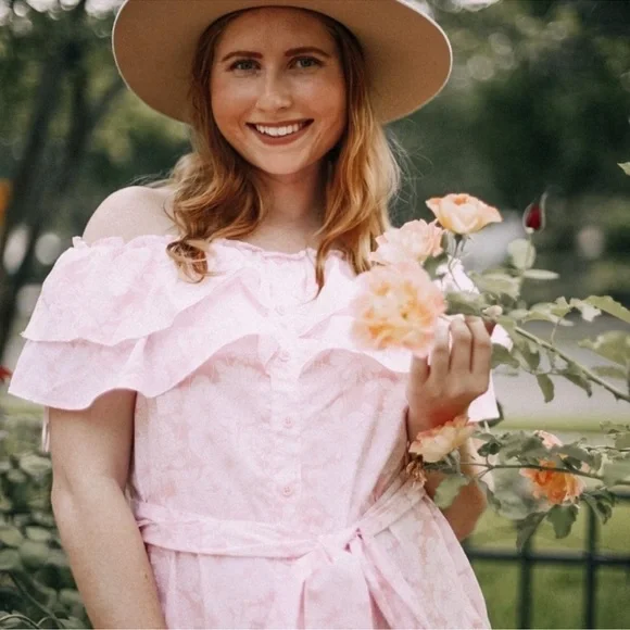 Lisa Marie Fernandez Off The Shoulder Floral Ruffle Mini Dress Pink Size 3X NWT| - Picture 3 of 17